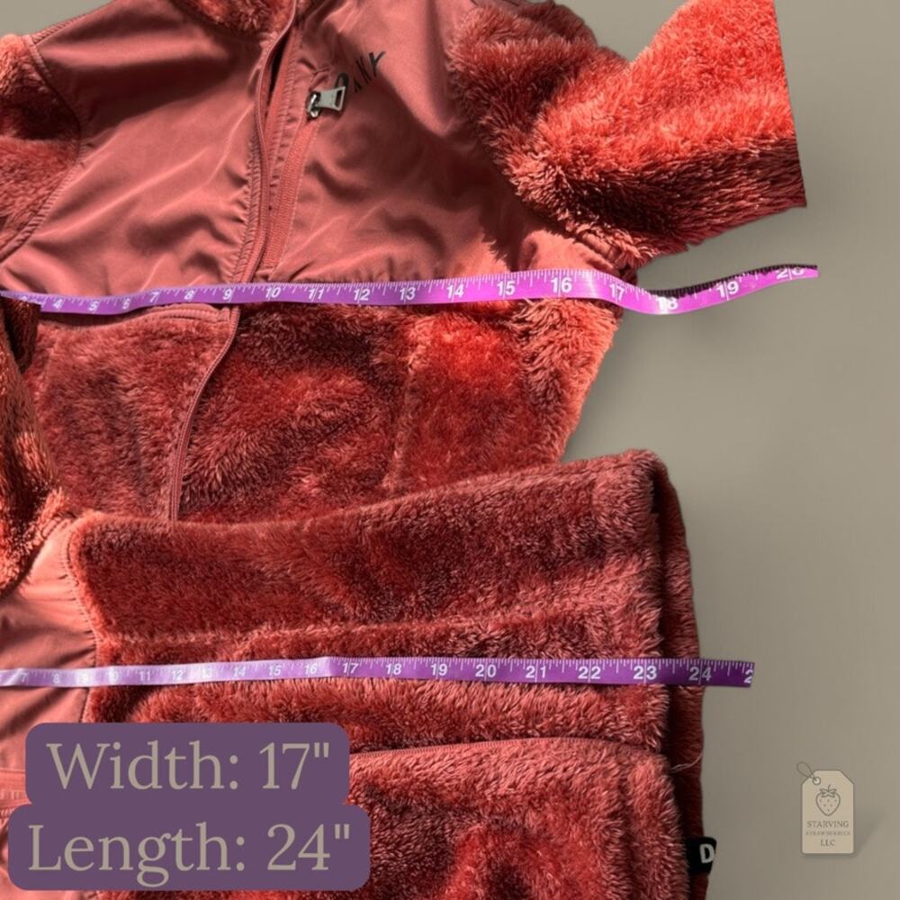 DKNY Sport Girls Faux Fur Hoodie Jacket L 14/16 Coral Rust Zip Front Sherpa - Picture 9 of 9